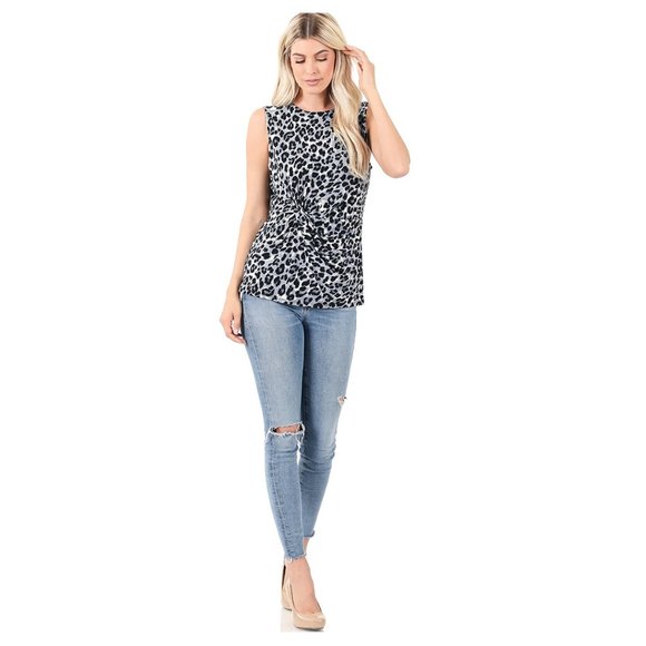 Leopard Print Top - Knotted Front Sleeveless Top - Gray - Picture 3 of 4